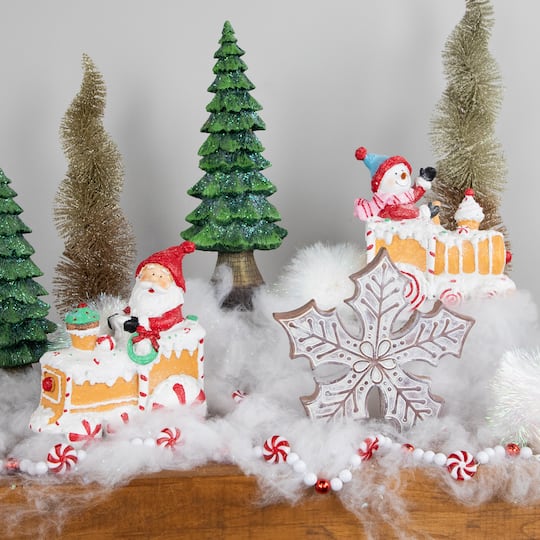 6.75" Santa & Snowman on Gingerbread Trains Christmas Figure Set